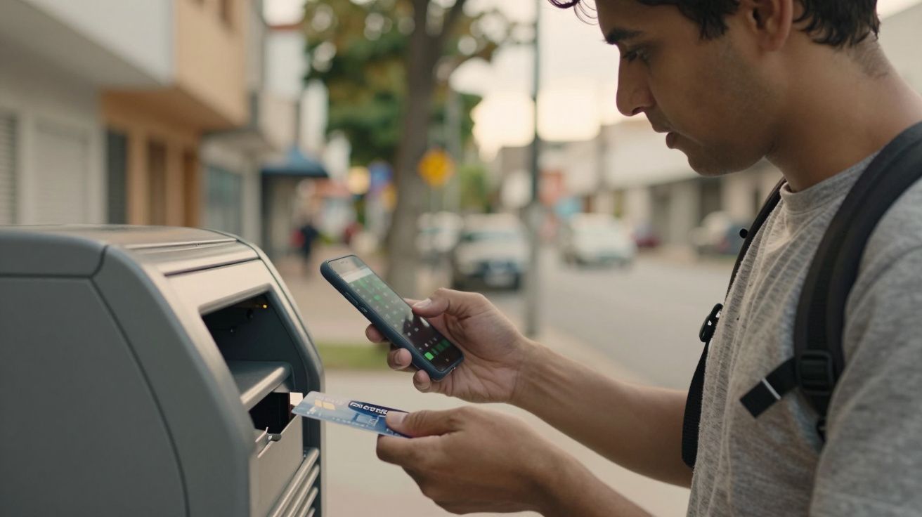 Homem usando smartphone e inserindo carta numa caixa de correio numa rua movimentada.