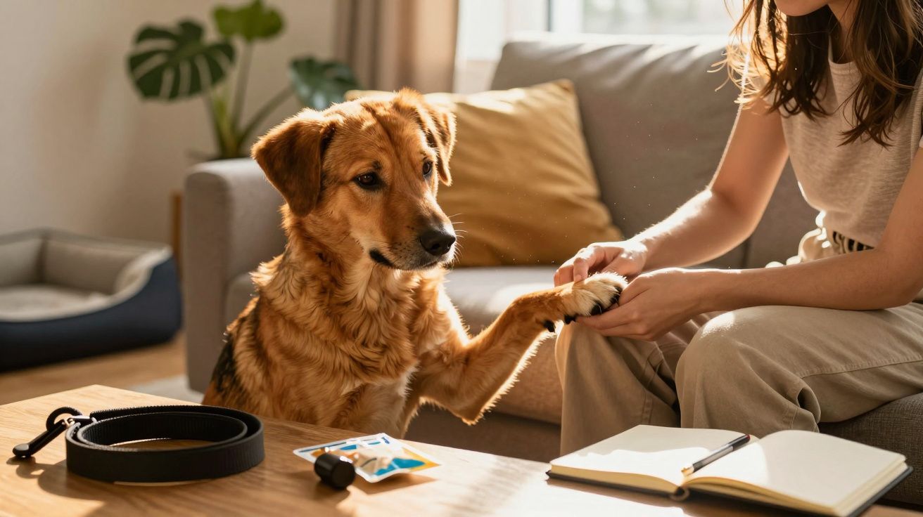Pessoa a cuidar de um cão numa sala de estar, com trela e caderno na mesa.