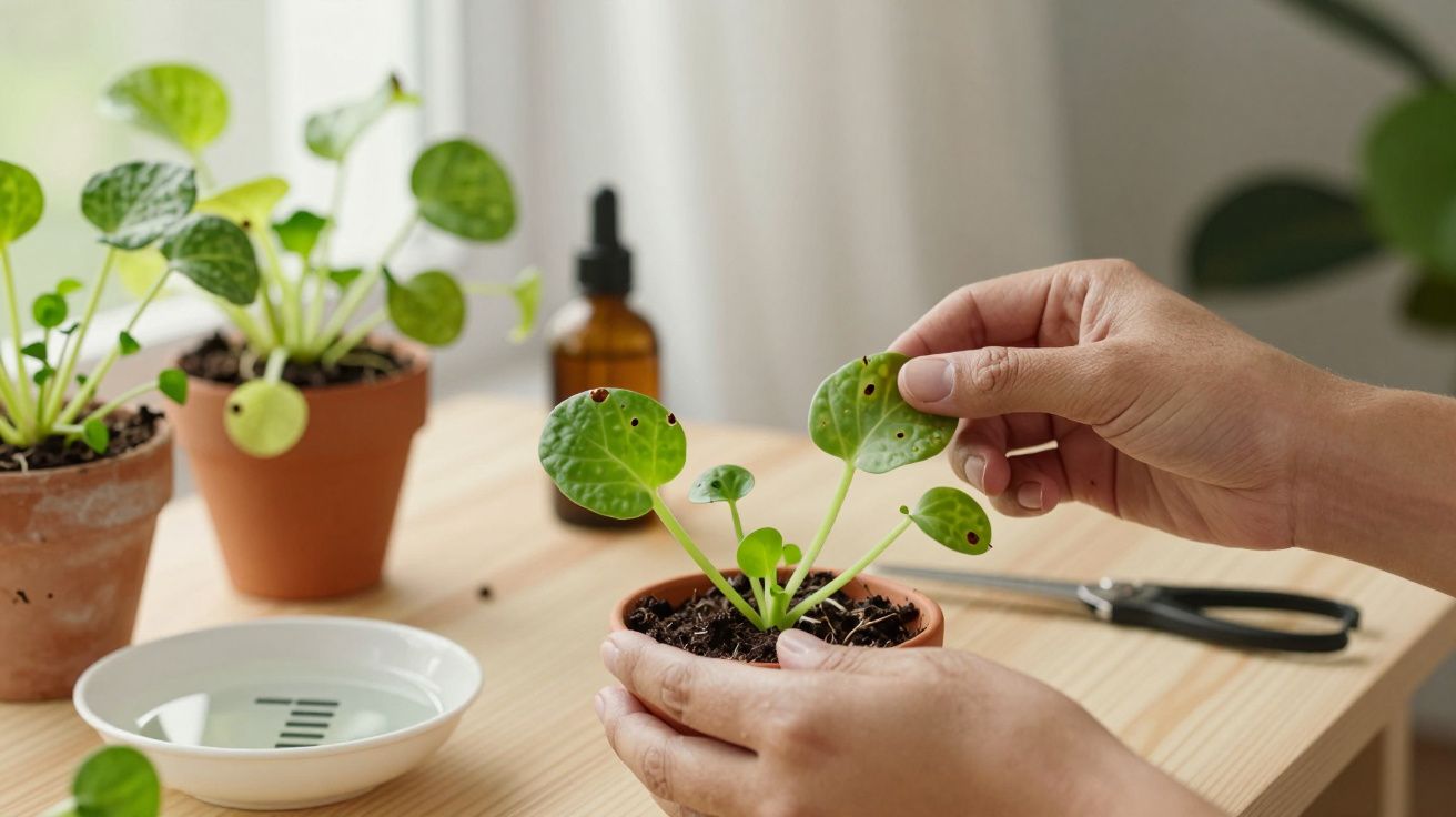 Mãos cuidam de planta em vaso sobre mesa de madeira, com tesoura e gota na cena.
