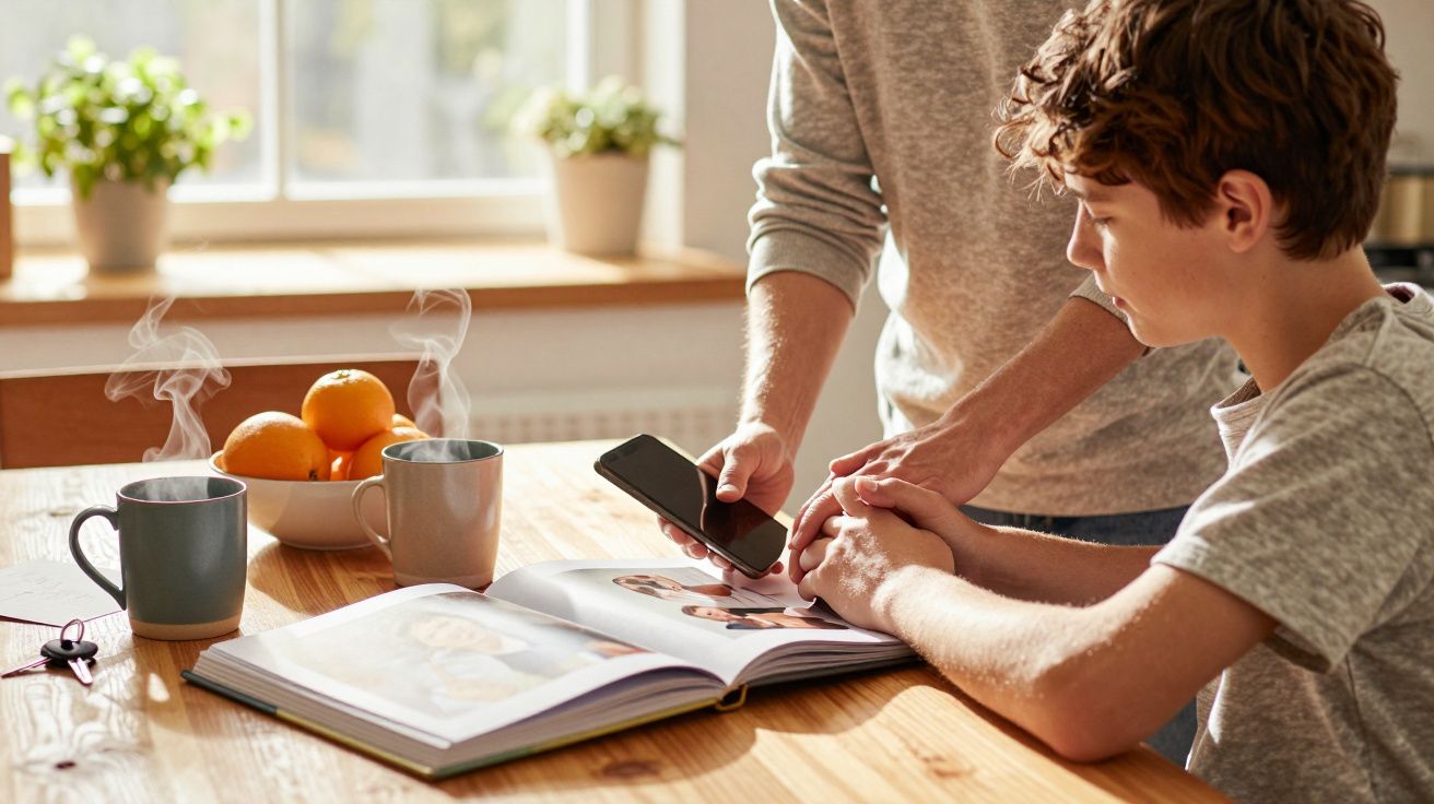 Pai e filho olham para um livro de fotos na mesa, com chávenas e frutas ao lado.