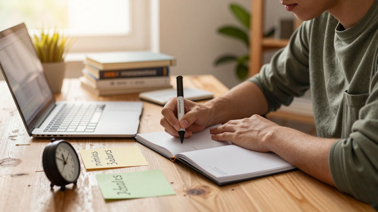 Pessoa a estudar numa mesa de madeira com portátil aberto, caderno, livros e relógio.