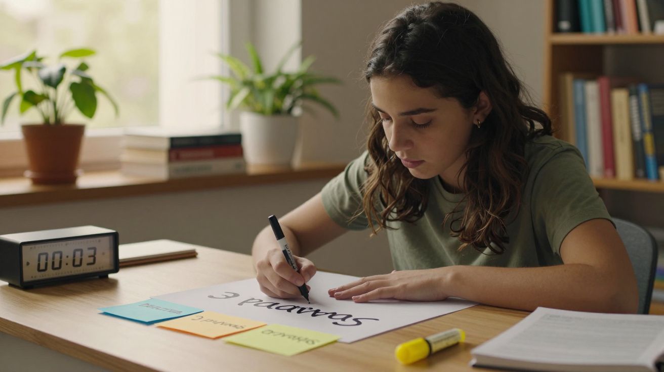 Jovem escreve em papel numa secretária com post-its e marcador, plantas e livros ao fundo.