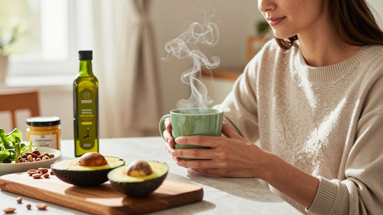 Mulher segurando chá fumegante numa cozinha com abacate, óleo e frutos secos sobre a mesa.