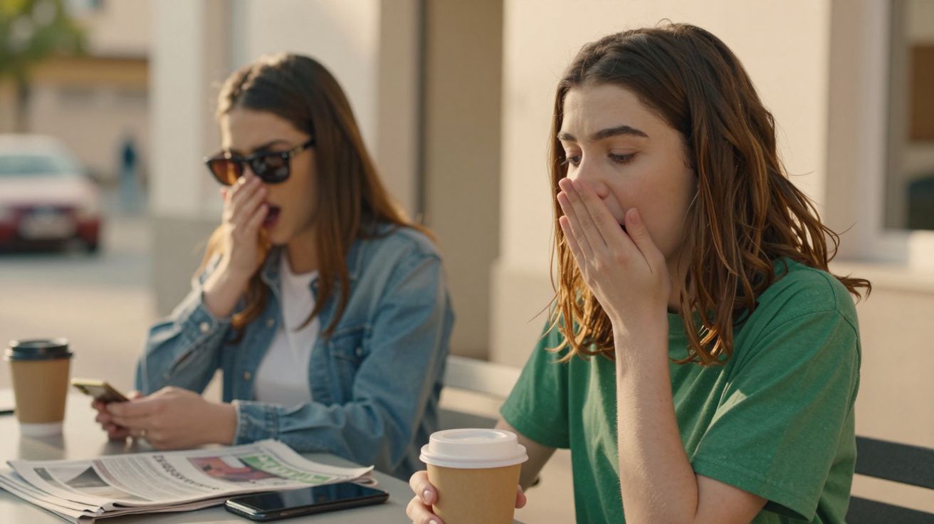 Duas mulheres sentadas em café ao ar livre, ambas bocejando, uma com uma chávena de café e jornal na mesa.