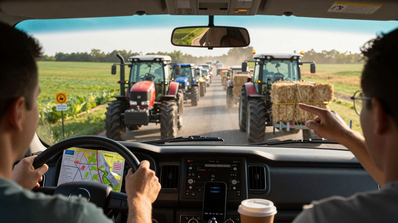 Interior de carro numa estrada rural, com tratores à frente carregando fardos de feno. Duas pessoas no carro, uma aponta.
