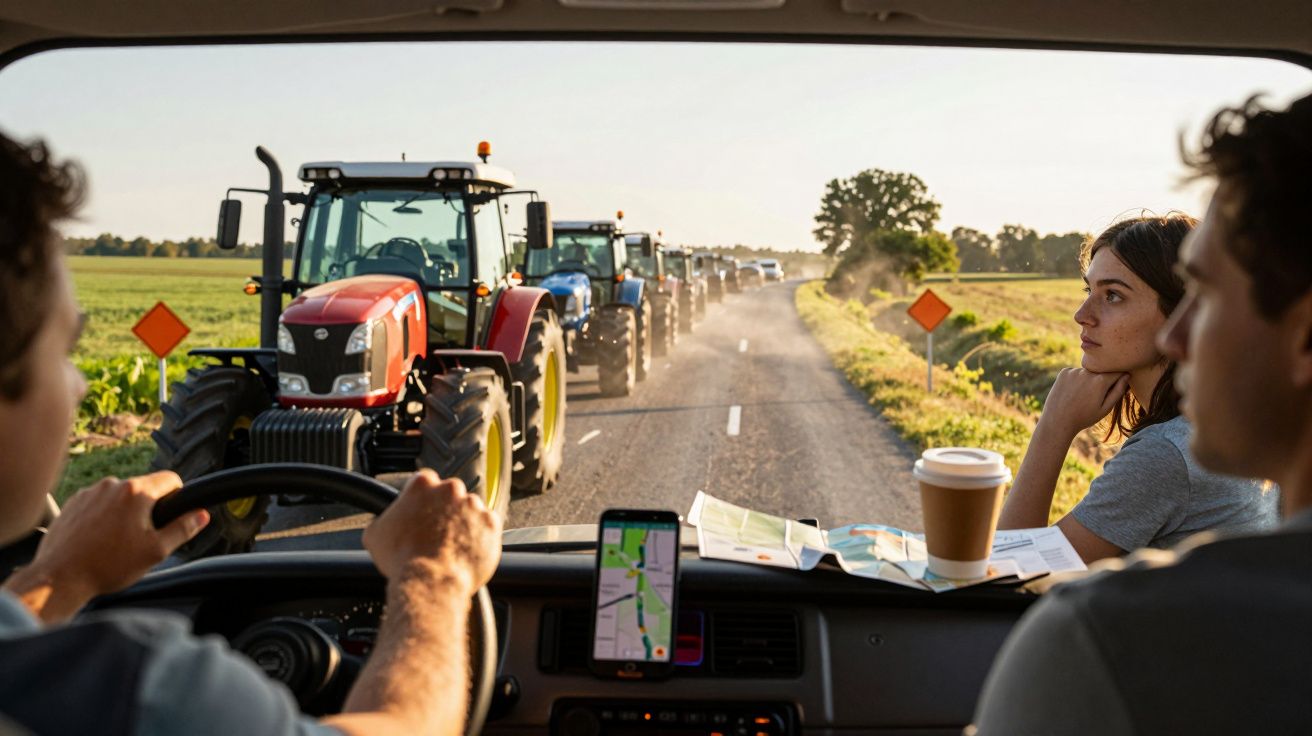 Vista do interior de um carro numa estrada rural com tratores à frente, mapa e café no tablier.