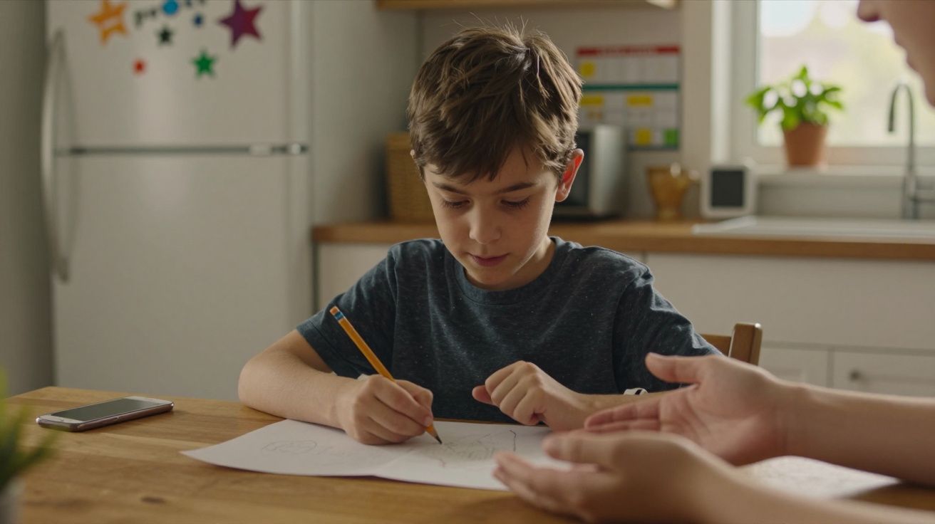 Rapaz desenha concentrado numa folha de papel sobre a mesa, com um lápis na mão, enquanto um adulto gesticula ao lado.