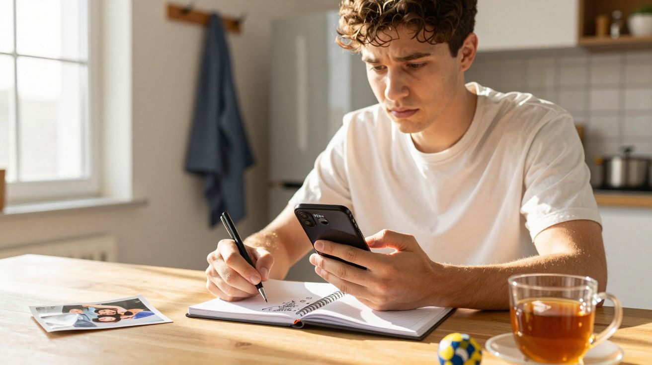 Jovem sentado à mesa, olhando para o telemóvel enquanto escreve num caderno. Chá e foto ao lado.