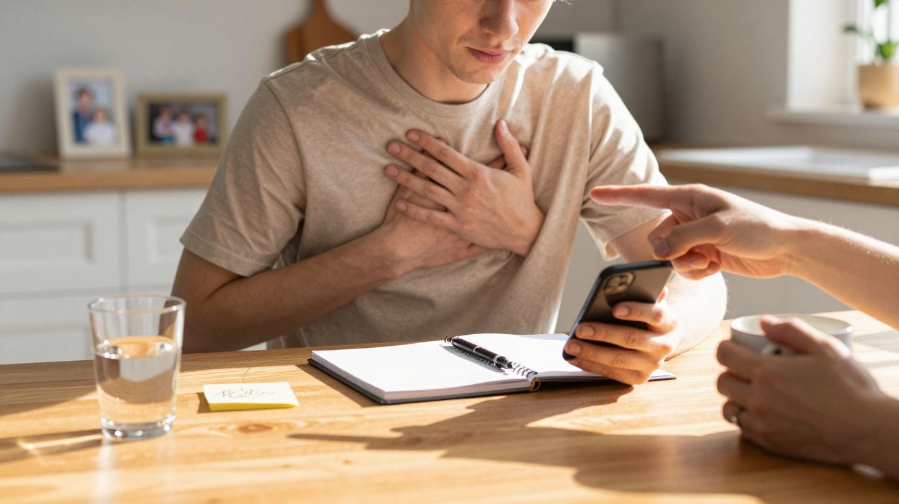Pessoa com a mão no peito, segurando um telemóvel, outra mão aponta para o telemóvel sobre uma mesa com caderno e copo de águ