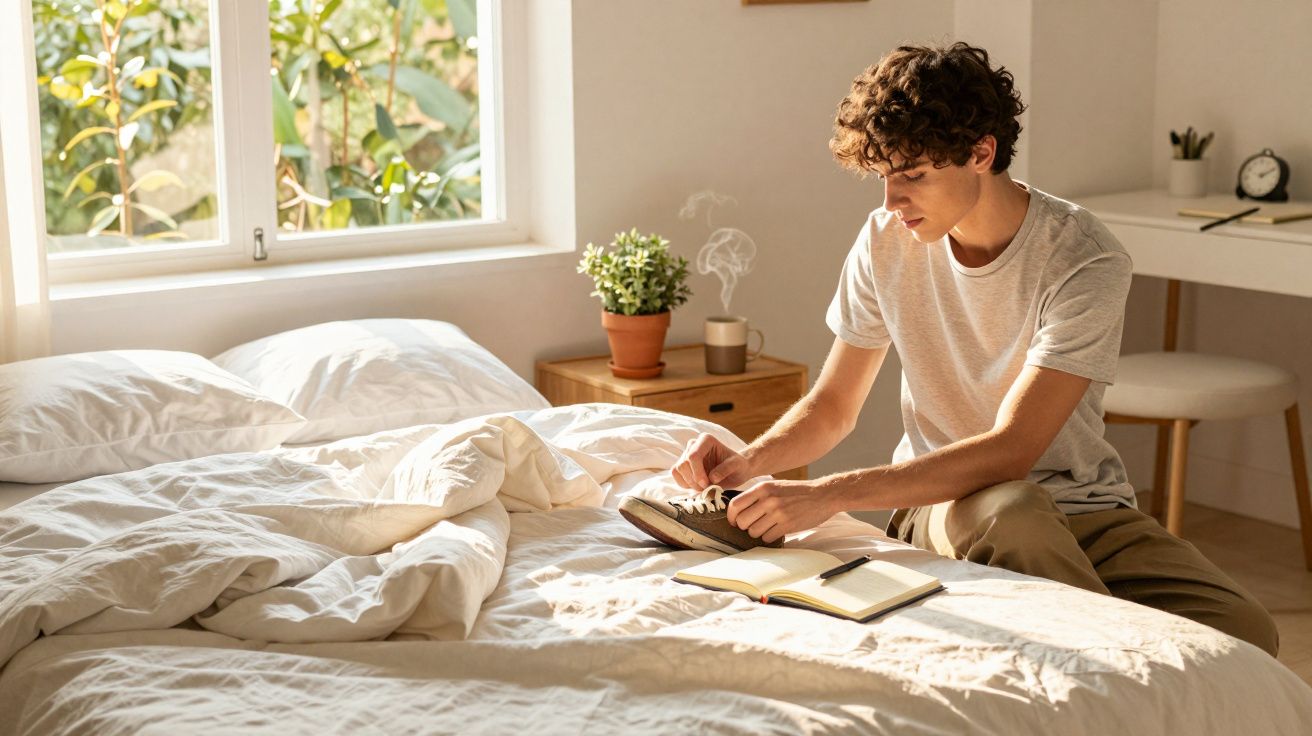 Jovem sentado na cama com livros abertos, atando sapatos, luz do sol entrando pela janela, planta ao lado.
