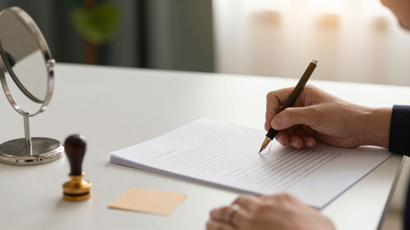 Pessoa escreve documento em mesa branca com selo de cera, bloco de notas e espelho pequeno.