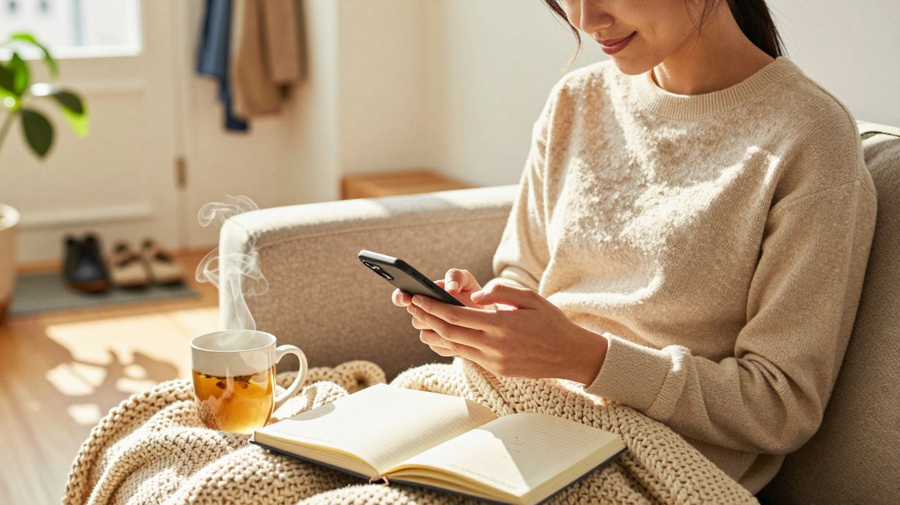 Mulher sentada no sofá com uma chávena de chá quente e a usar o telemóvel, com um caderno aberto no colo.