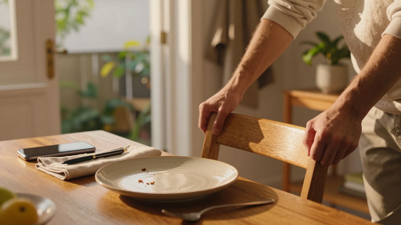 Pessoa a ajustar uma cadeira na mesa de jantar, com um prato vazio, telemóvel e guardanapo visíveis.