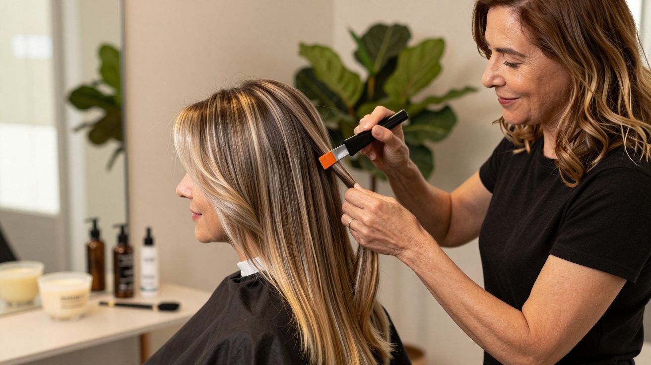 Cabeleireira pinta o cabelo loiro de uma cliente sentada num salão, com produtos ao fundo.