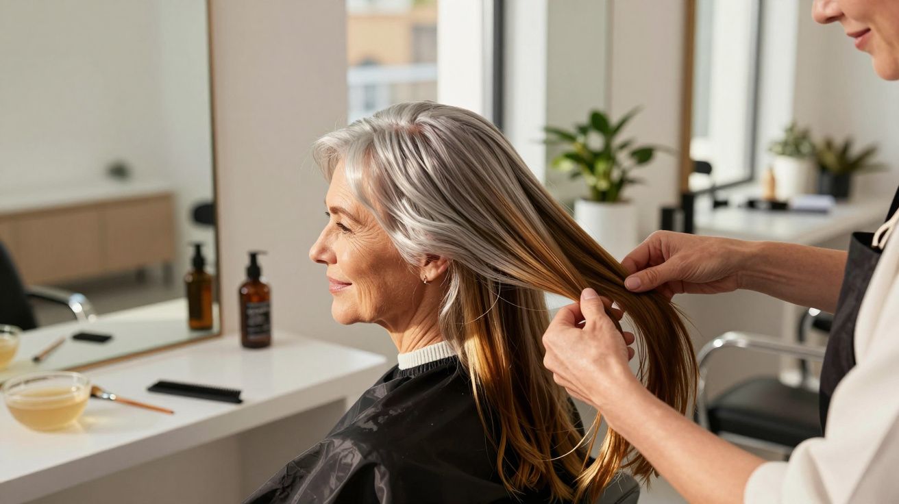 Mulher idosa com cabelo grisalho sendo penteado por cabeleireira em salão moderno.