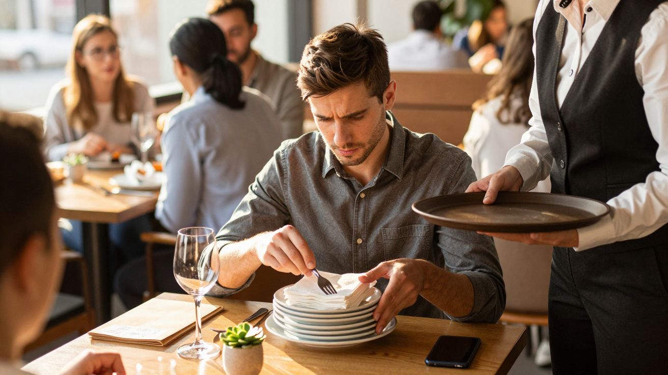 Homem confuso a olhar para pratos empilhados em restaurante, enquanto empregado observa.