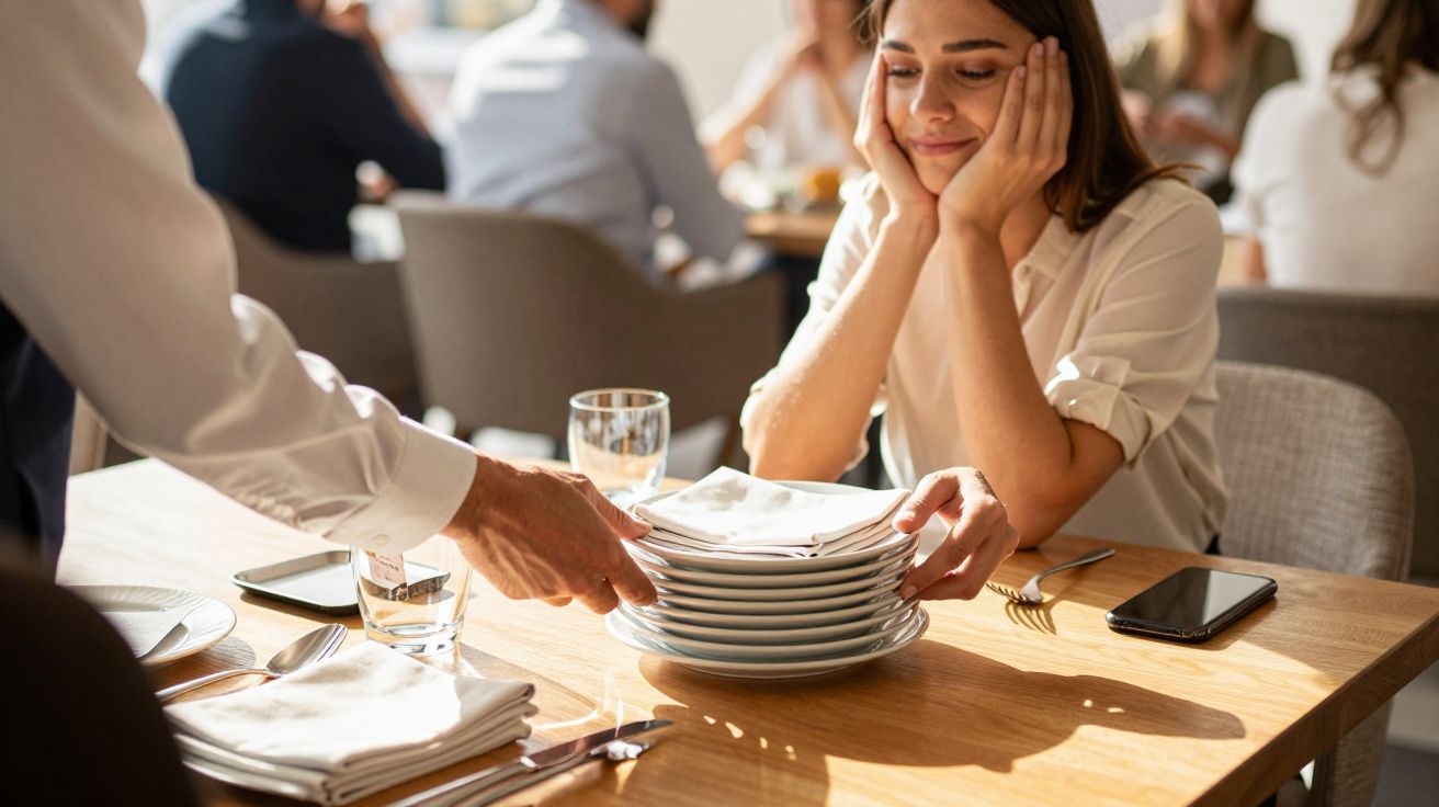 Mulher sorrindo enquanto empregado recolhe pratos numa mesa de restaurante iluminado.