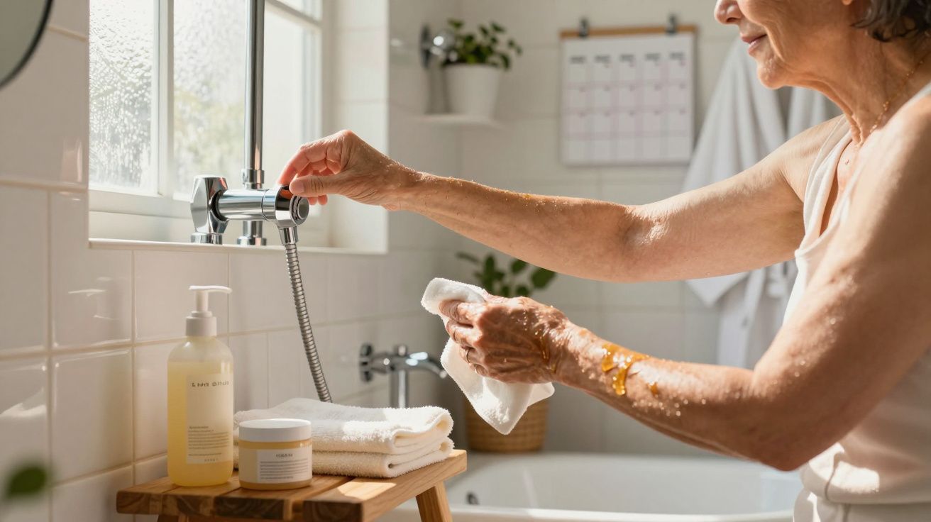 Mulher ajusta a torneira do lavatório na casa de banho, com produtos e toalhas em cima de um banco de madeira.