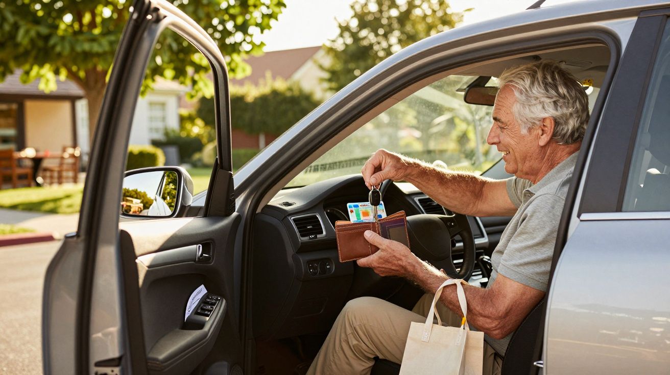 Homem idoso sentado num carro aberto, segurando uma carteira e chave, ao lado de uma bolsa de papel.