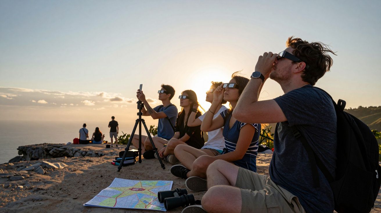 Grupo de pessoas sentadas em colina observando o céu com óculos escuros ao pôr do sol, mapa e binóculos no chão.