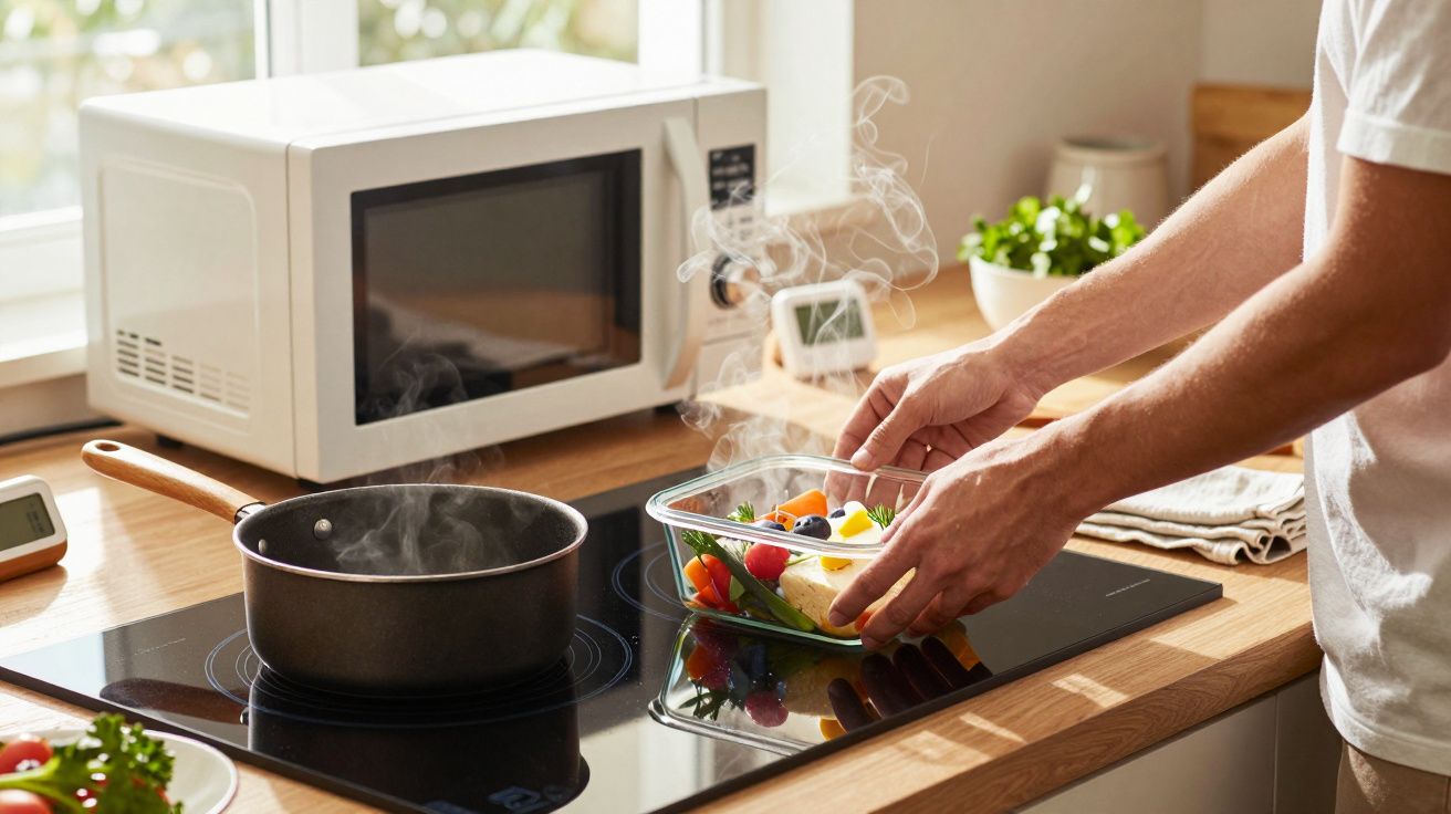 Pessoa prepara comida na cozinha, segurando um prato de vidro com vegetais cozidos ao vapor ao lado de um fogão.