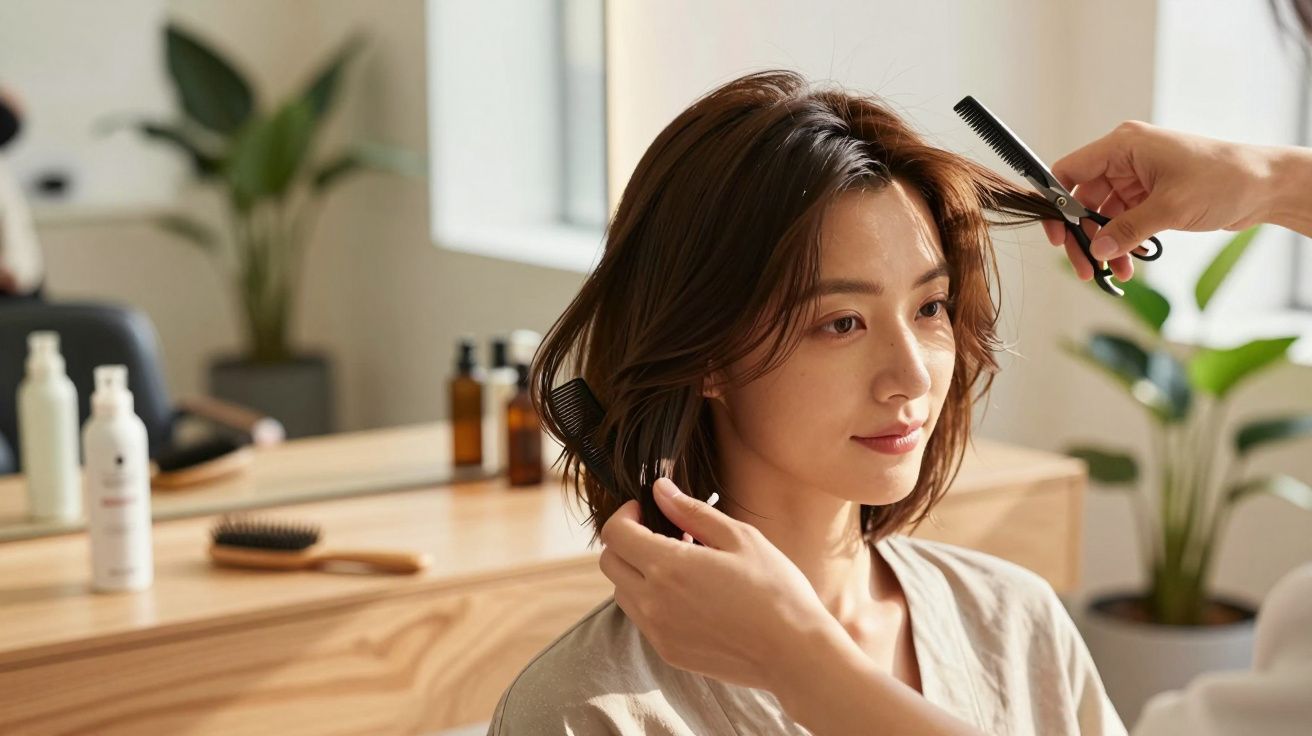 Mulher recebe corte de cabelo em salão aconchegante, com plantas e produtos capilares ao fundo.