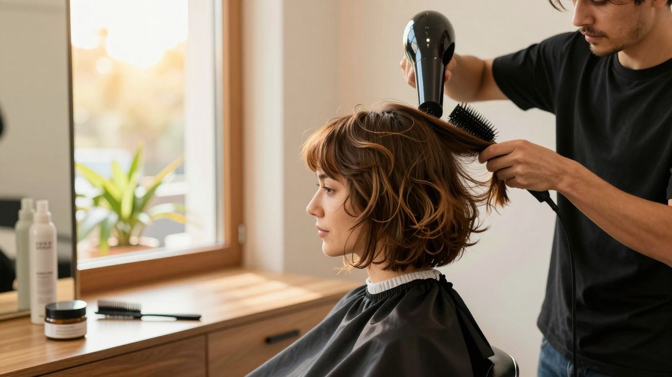 Cabeleireiro seca o cabelo de uma mulher enquanto ela está sentada numa cadeira de salão, ao lado de uma janela.