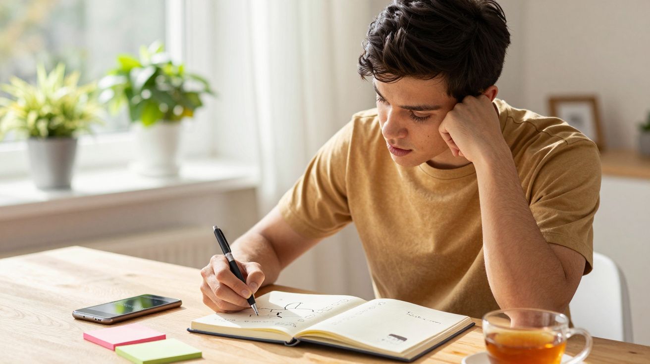 Jovem concentrado escreve num caderno, ao lado de um telemóvel e chá, numa mesa com luz natural e plantas ao fundo.