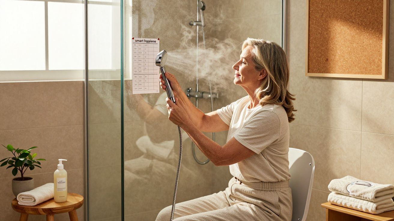 Mulher idosa sentada no duche a segurar chuveiro manual, com vapor.
