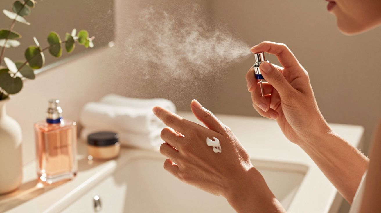 Pessoa borrifa perfume no pulso, com creme na mão, no lavatório com toalhas e frasco de perfume ao fundo.