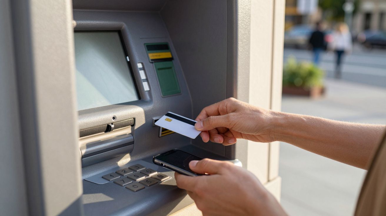 Pessoa a inserir um cartão bancário num multibanco, segurando um smartphone na outra mão.