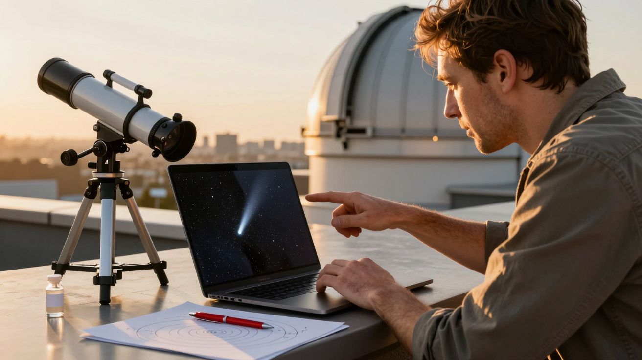 Homem analisa imagens de um cometa num portátil ao lado de um telescópio num terraço ao entardecer.