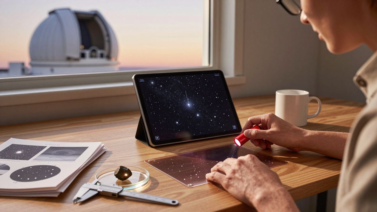 Pessoa a trabalhar num tablet com imagem do espaço, mesa com documentos e telescópio ao fundo.