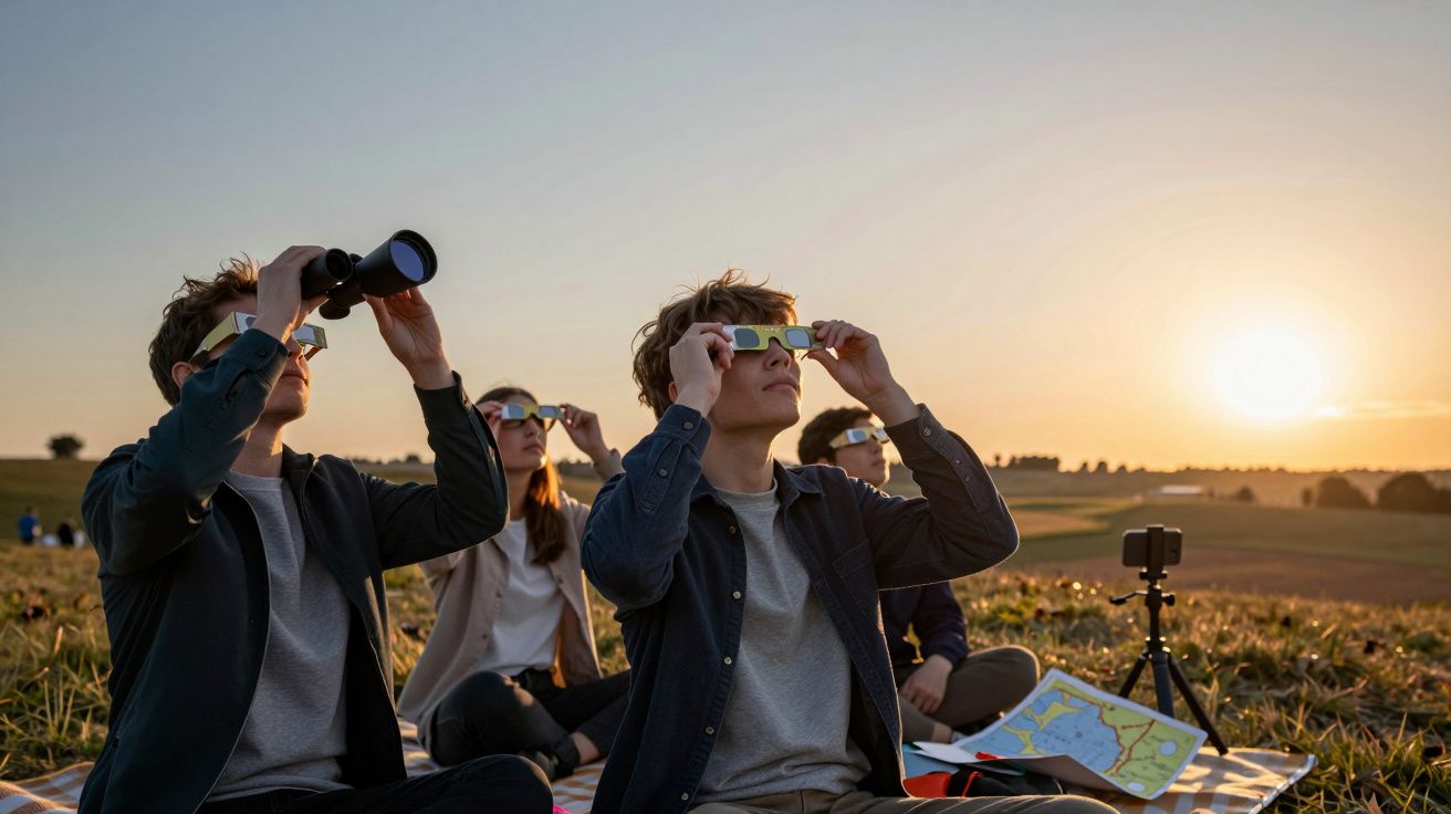 Grupo de jovens observa o eclipse solar com óculos de proteção, sentados num campo ao pôr do sol.