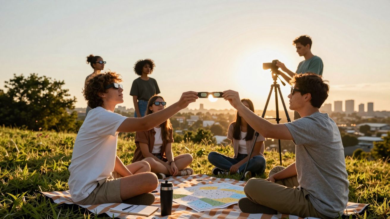 Grupo de jovens num piquenique ao pôr do sol, trocando óculos escuros, com cidade ao fundo.