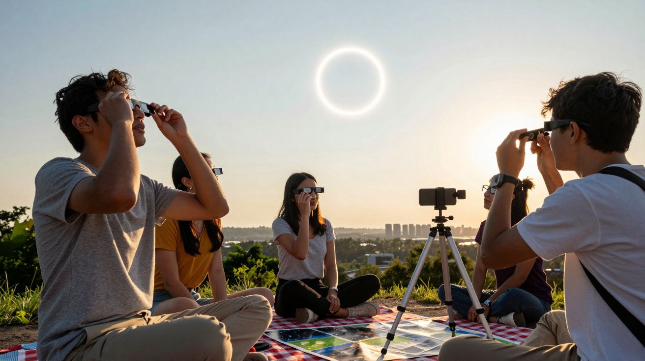 Grupo de jovens observando um eclipse solar com óculos especiais, sentados em cima de uma manta.