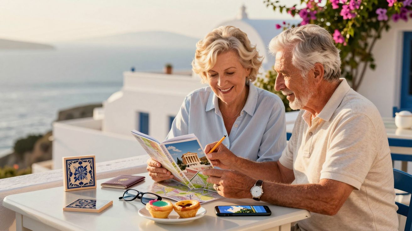 Casal de idosos sorri enquanto planeia uma viagem numa mesa ao ar livre, rodeados por flores e vista para o mar.