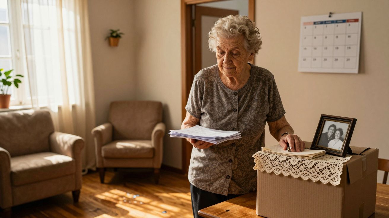 Idosa segura papéis numa sala iluminada, com caixa de fotografias e calendário na parede.