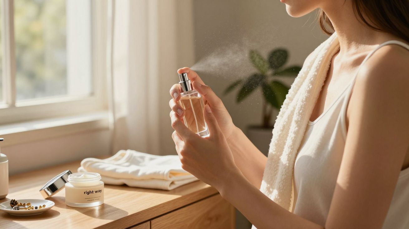 Mulher borrifa perfume no quarto, com toalha nos ombros, ao lado de produtos de beleza numa mesa de madeira.
