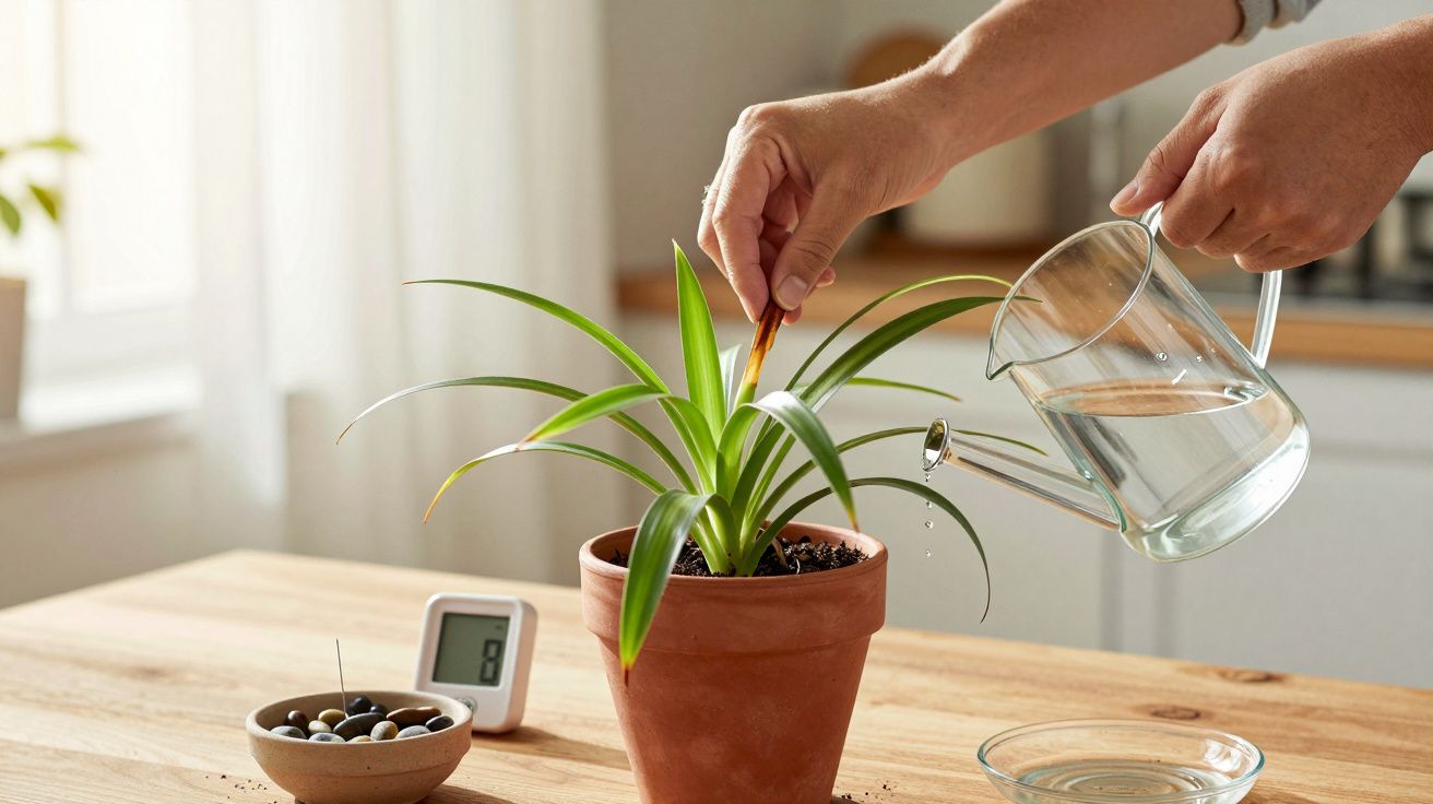 Pessoa a regar uma planta num vaso de barro, sobre uma mesa de madeira, ao lado de um medidor digital.