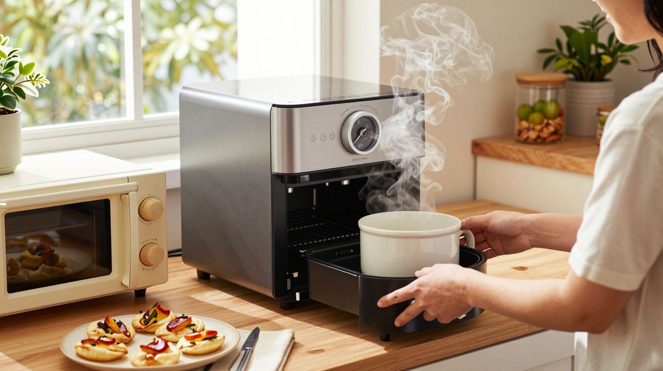 Pessoa a retirar travessa fumegante de um forno moderno, com snacks ao lado, numa cozinha iluminada pelo sol.