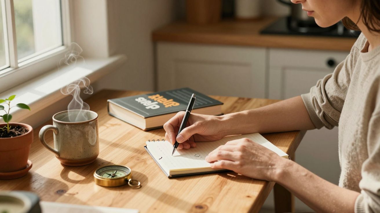 Pessoa escreve em caderno ao lado de chá, planta e livro sobre autoajuda numa mesa de madeira junto à janela.