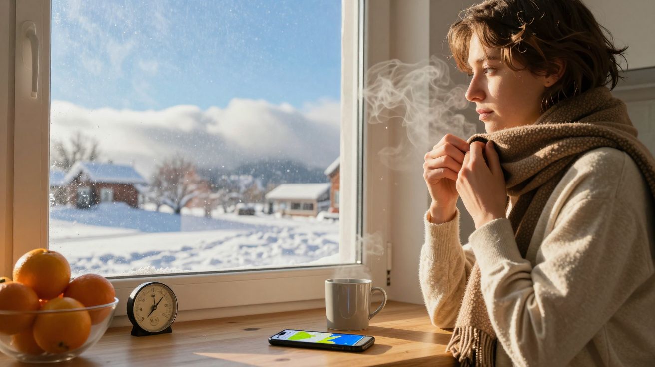 Mulher à janela com chá quente, cenário de neve. Mesa com laranjas, relógio e telemóvel.