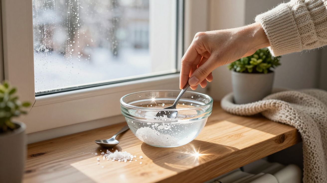Mão mexe água com sal numa tigela de vidro, sobre uma mesa de madeira junto à janela com plantas ao fundo.