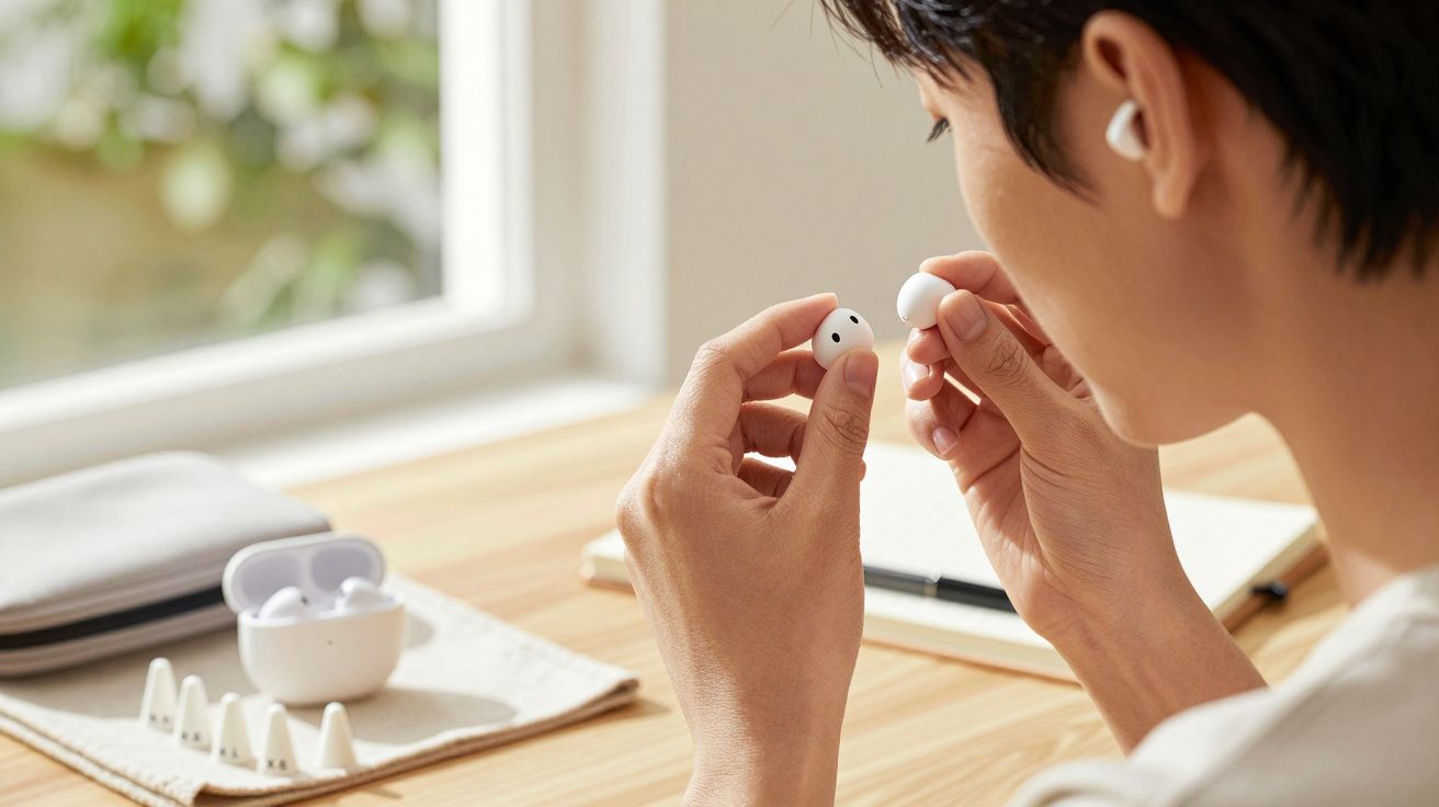 Pessoa segurando auriculares brancos perto de uma janela, com estojo e acessórios sobre a mesa de madeira.