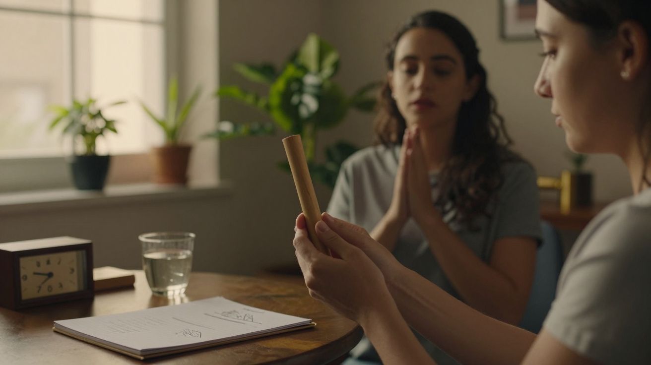 Duas mulheres meditam numa sala; uma segura objeto cilíndrico enquanto outra junta as mãos. Planta e relógio na mesa.