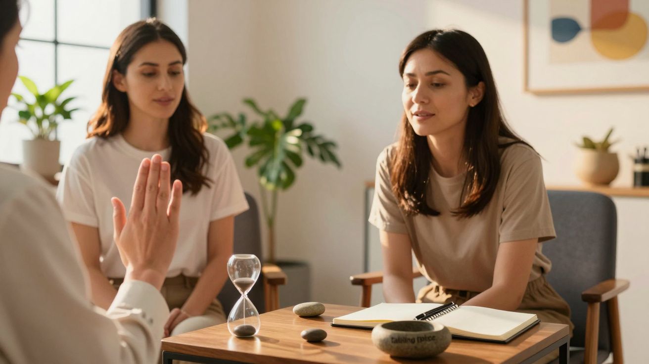 Três mulheres em reunião numa sala iluminada, com plantas e blocos de notas sobre a mesa.