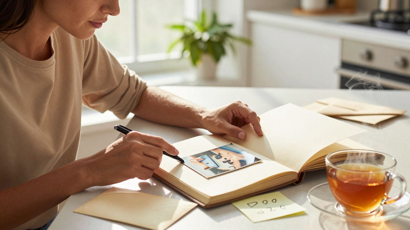 Mulher escreve num álbum de fotos ao lado de chávenas de chá numa cozinha iluminada pelo sol.