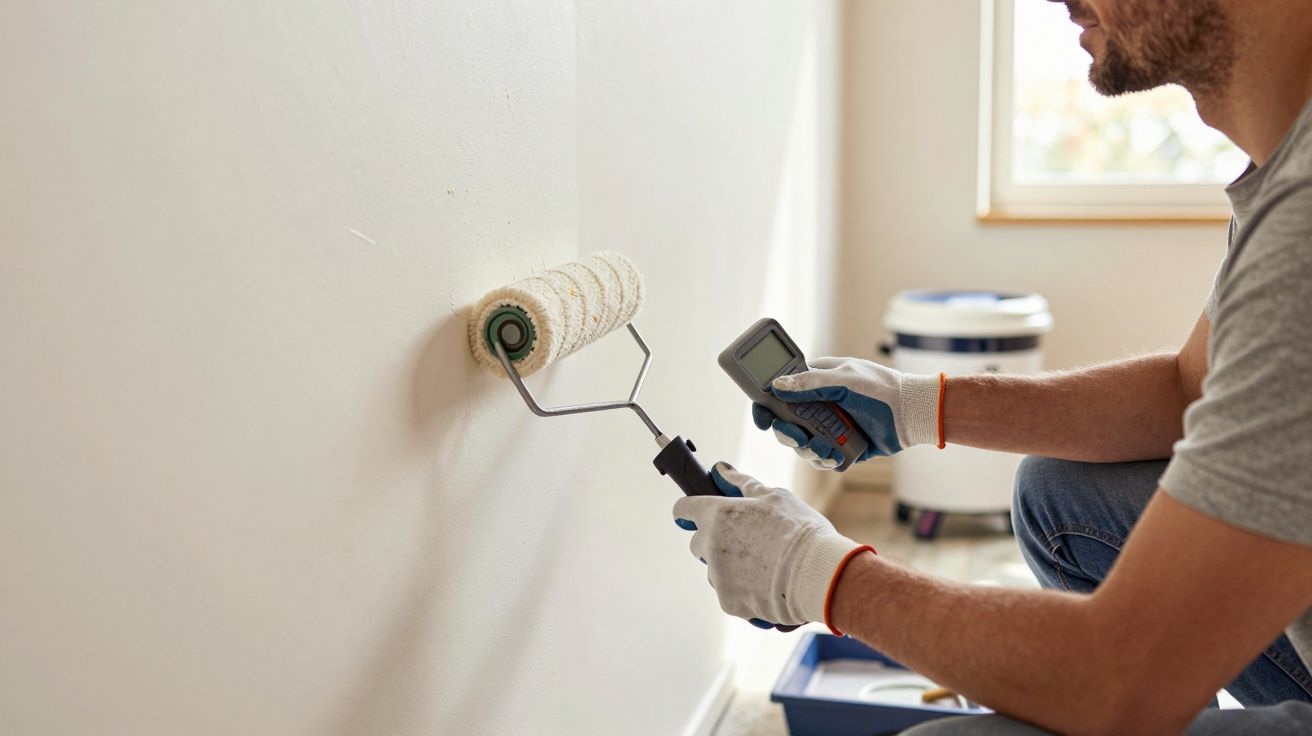 Homem pintando parede com rolo enquanto segura um medidor, usando luvas, ao lado de uma janela e balde de tinta.