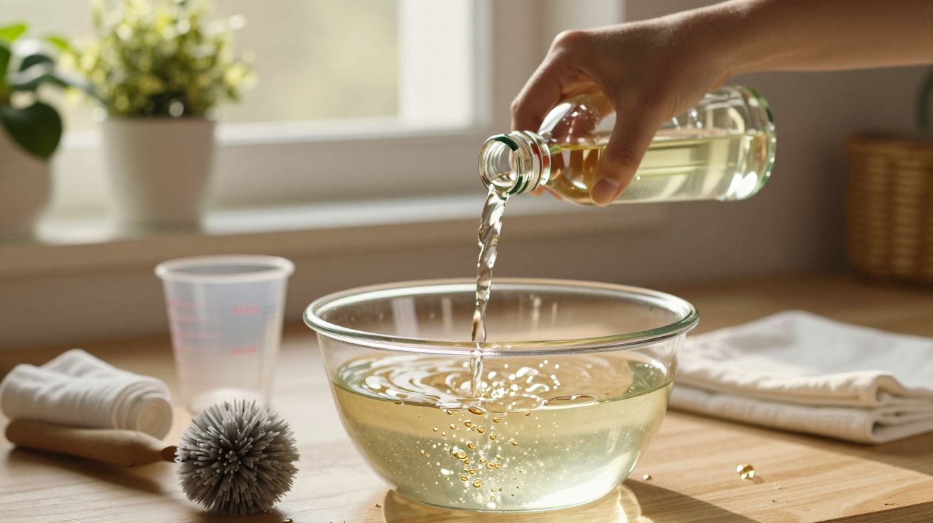 Mão a verter líquido num recipiente de vidro com vegetação e utensílios de limpeza ao fundo.